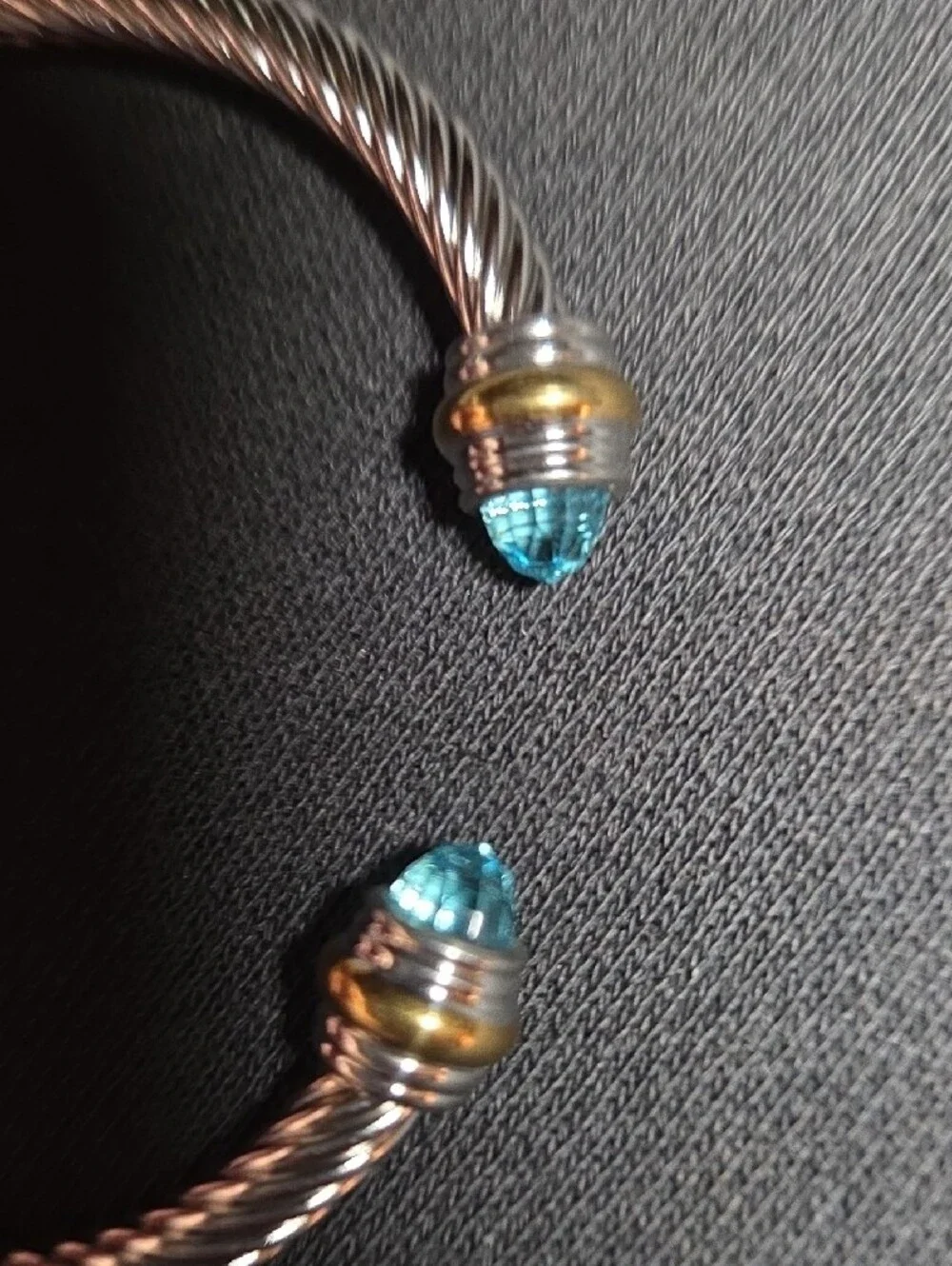 (Blue) Twisted Cable Cuff Bracelet with Crystal End Caps